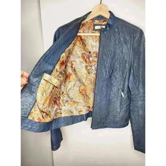 Wilsons Leather Vintage Women's Small Biker Jacket Blue Textured Lined Beautiful - Picture 2 of 6